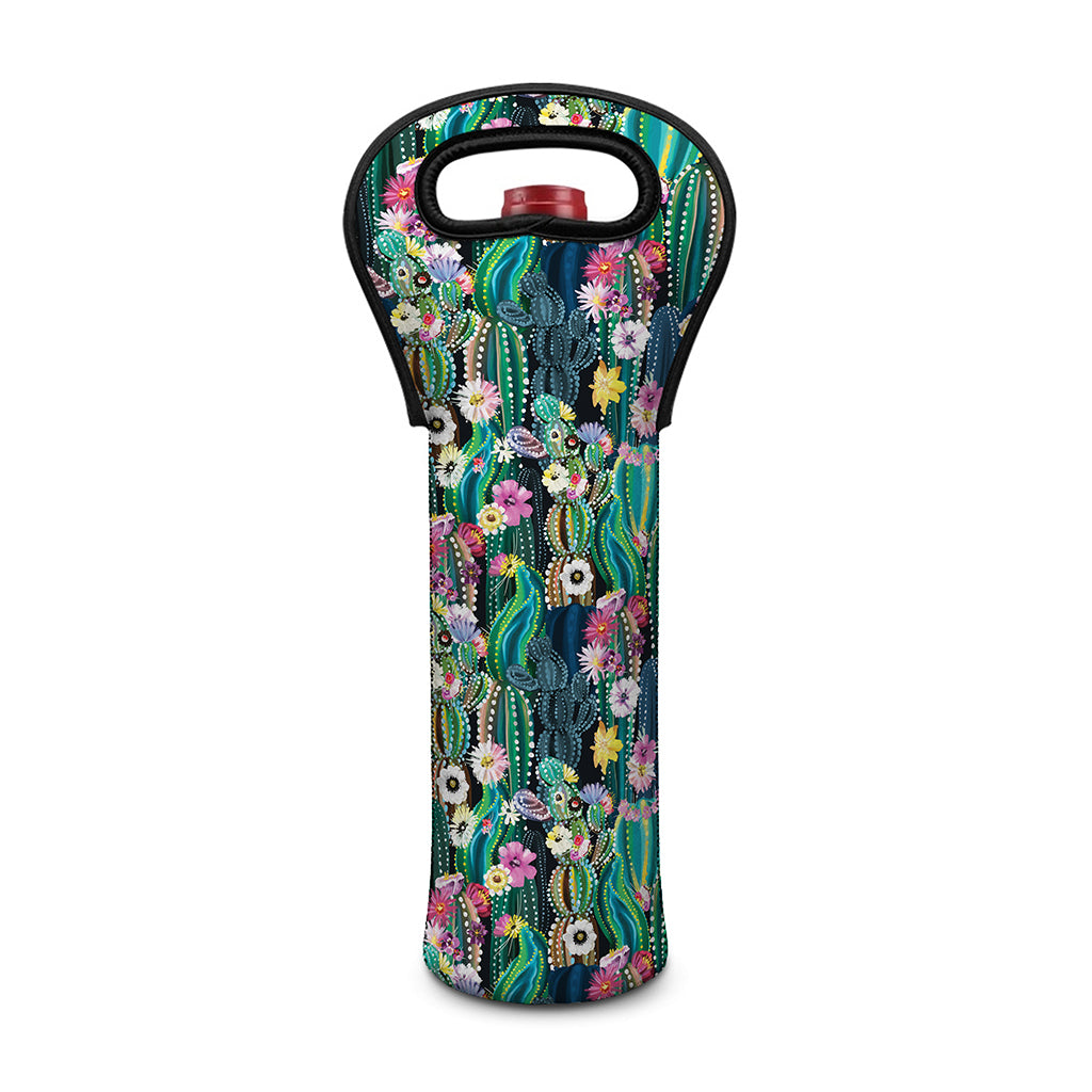Watercolor Blooming Cactus Print Single Neoprene Wine Tote