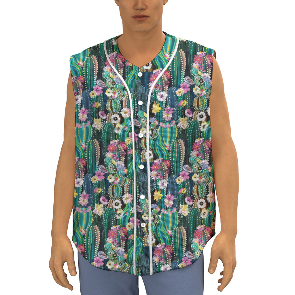 Watercolor Blooming Cactus Print Sleeveless Baseball Jersey