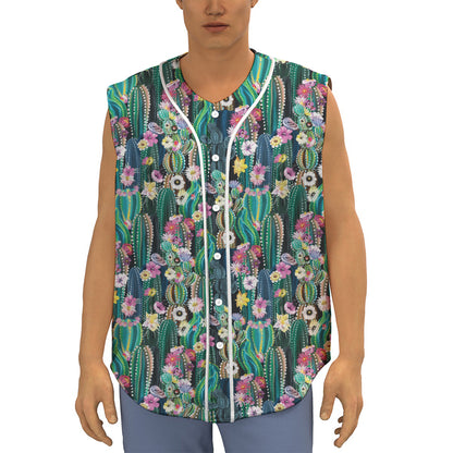 Watercolor Blooming Cactus Print Sleeveless Baseball Jersey