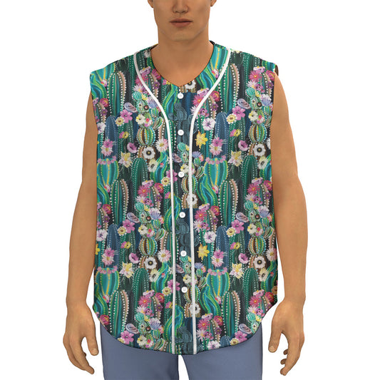Watercolor Blooming Cactus Print Sleeveless Baseball Jersey