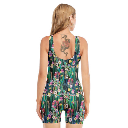 Watercolor Blooming Cactus Print Sleeveless One Piece Swimsuit