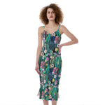 Watercolor Blooming Cactus Print Slim Fit Midi Cami Dress