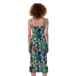 Watercolor Blooming Cactus Print Slim Fit Midi Cami Dress