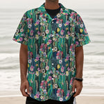 Watercolor Blooming Cactus Print Textured Short Sleeve Shirt