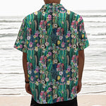 Watercolor Blooming Cactus Print Textured Short Sleeve Shirt