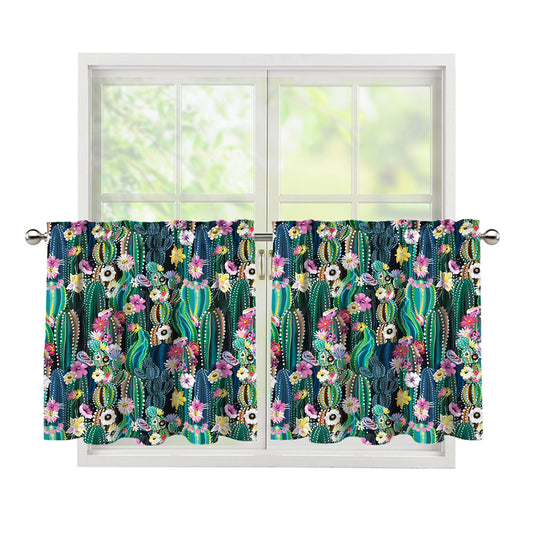 Watercolor Blooming Cactus Print Tier Curtains