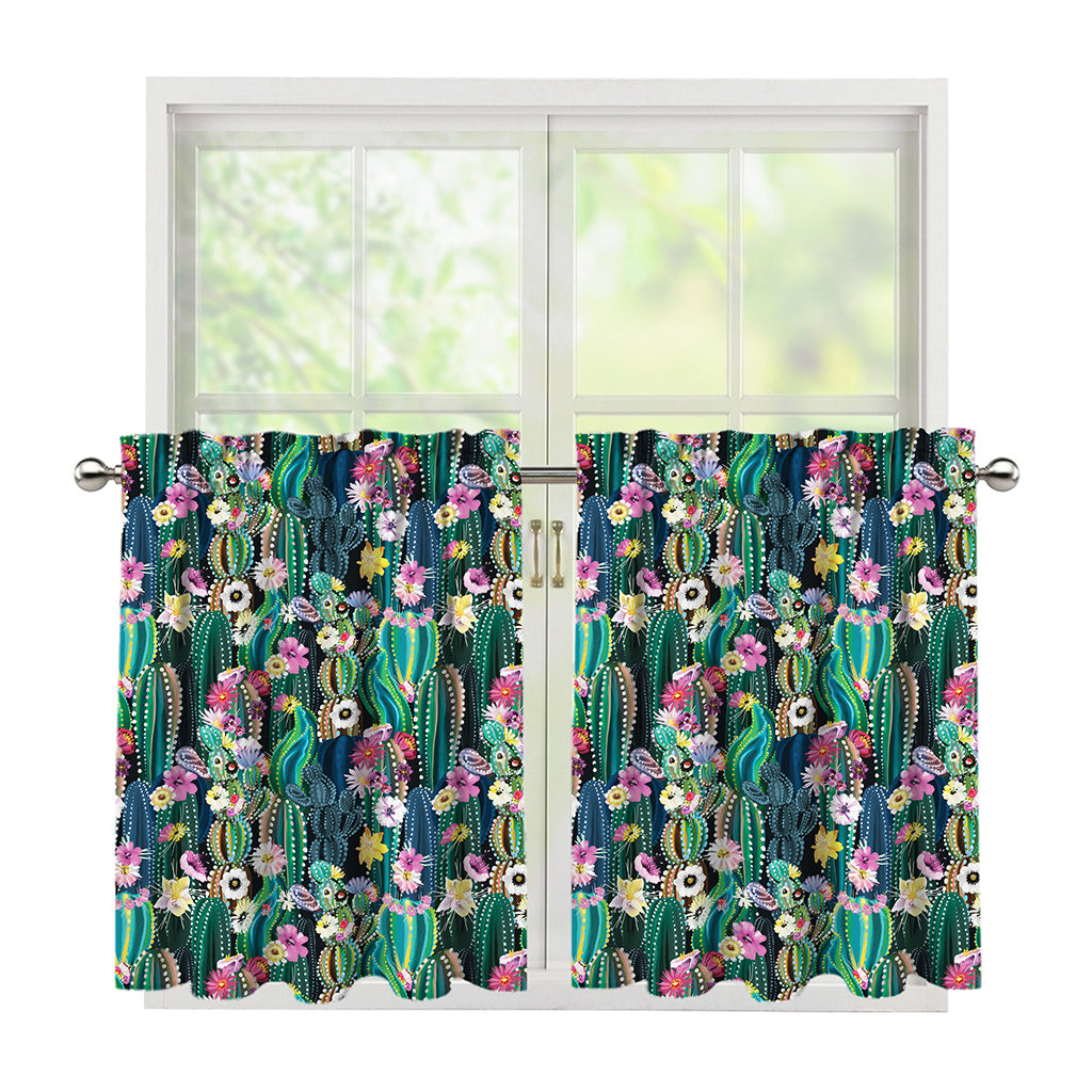 Watercolor Blooming Cactus Print Tier Curtains