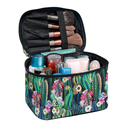 Watercolor Blooming Cactus Print Travel Makeup Bag