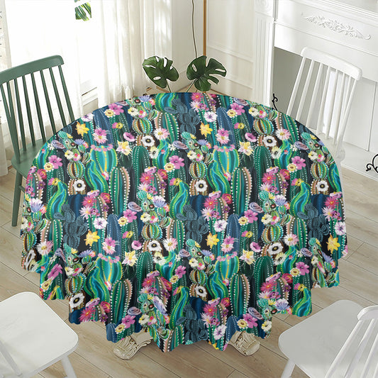 Watercolor Blooming Cactus Print Waterproof Round Tablecloth