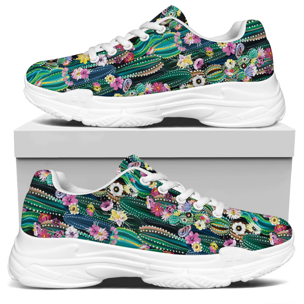 Watercolor Blooming Cactus Print White Chunky Shoes