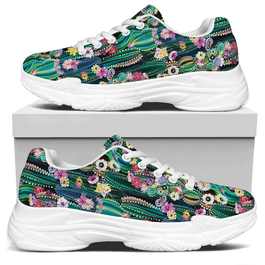 Watercolor Blooming Cactus Print White Chunky Shoes