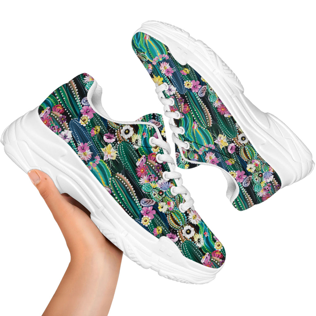 Watercolor Blooming Cactus Print White Chunky Shoes