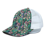 Watercolor Blooming Cactus Print White Mesh Trucker Cap