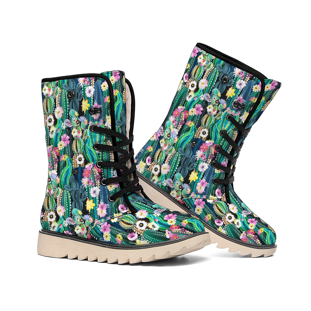 Watercolor Blooming Cactus Print Winter Boots