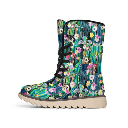 Watercolor Blooming Cactus Print Winter Boots