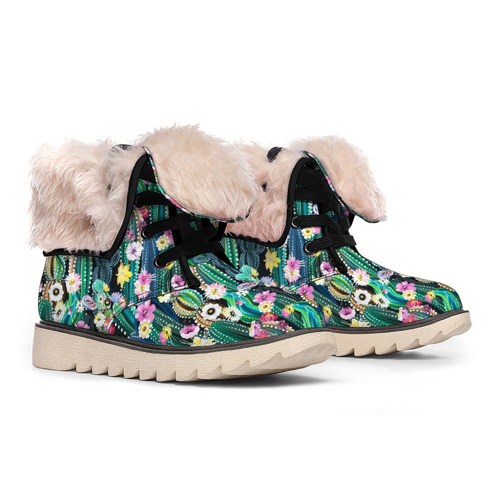Watercolor Blooming Cactus Print Winter Boots