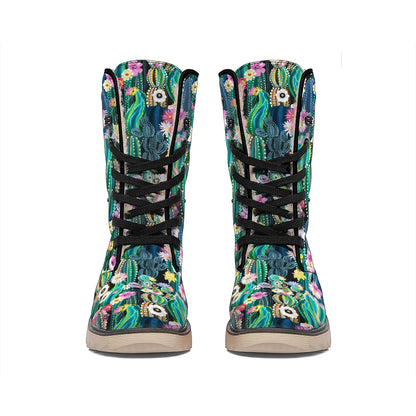 Watercolor Blooming Cactus Print Winter Boots