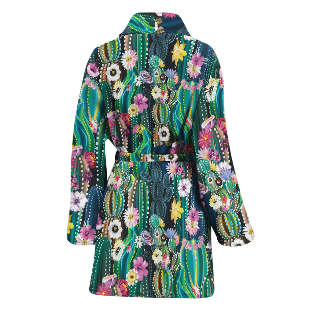 Watercolor Blooming Cactus Print Women's Bathrobe