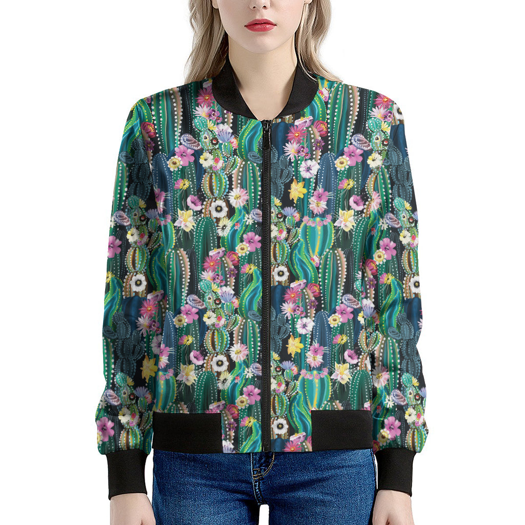 Watercolor Blooming Cactus Print Women's Bomber Jacket