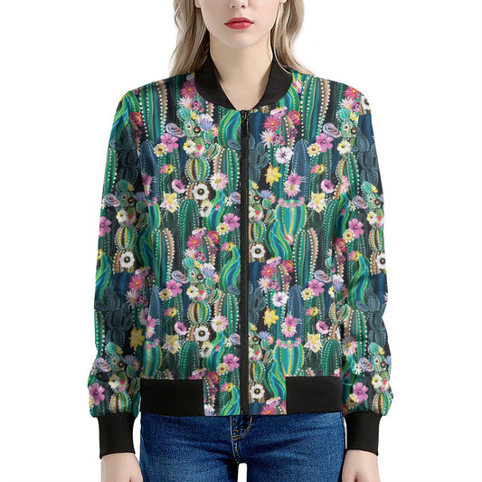 Watercolor Blooming Cactus Print Women's Bomber Jacket
