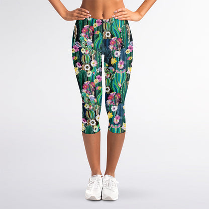 Watercolor Blooming Cactus Print Women's Capri Leggings
