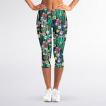 Watercolor Blooming Cactus Print Women's Capri Leggings