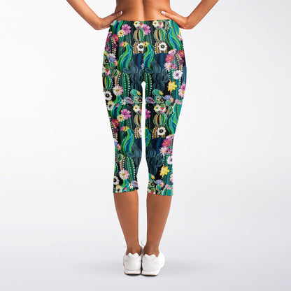 Watercolor Blooming Cactus Print Women's Capri Leggings