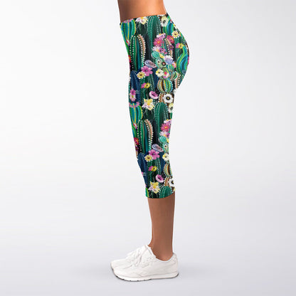 Watercolor Blooming Cactus Print Women's Capri Leggings