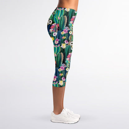 Watercolor Blooming Cactus Print Women's Capri Leggings