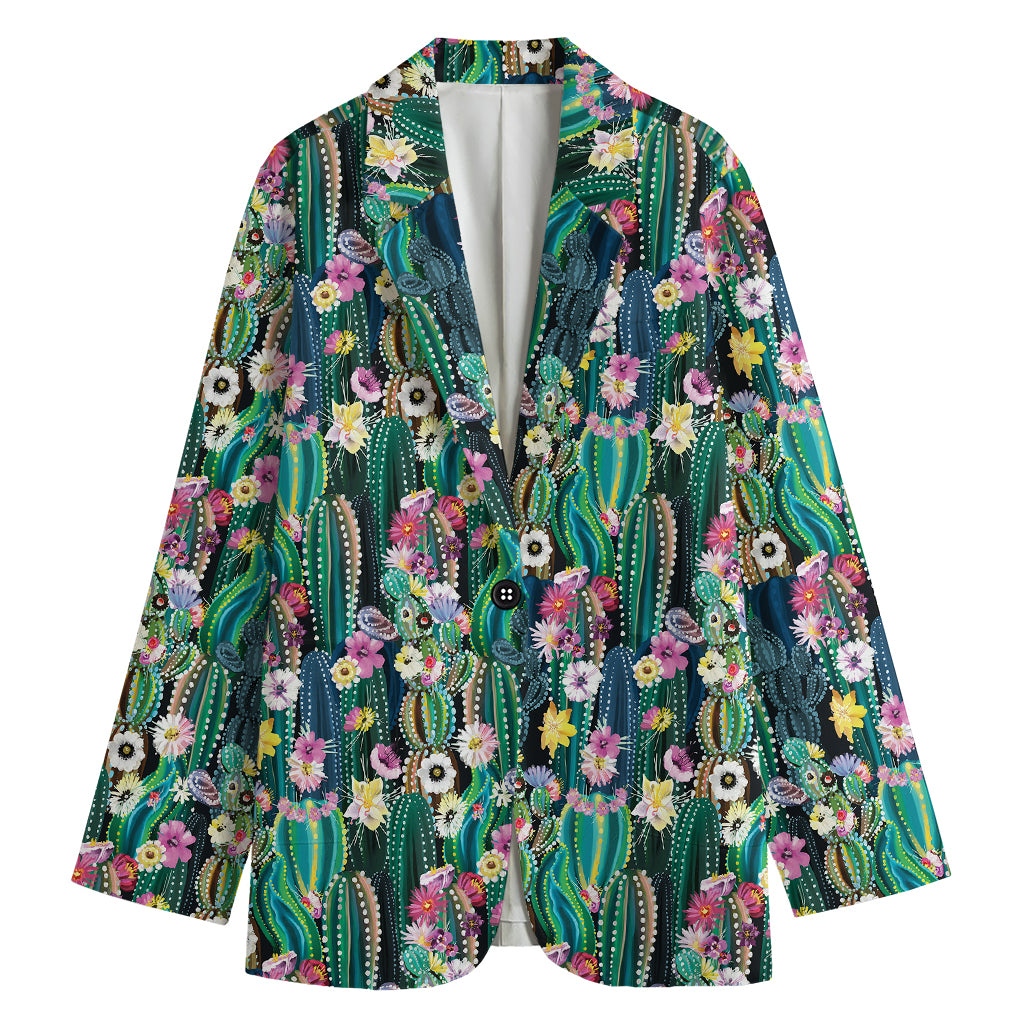 Watercolor Blooming Cactus Print Women's Cotton Blazer
