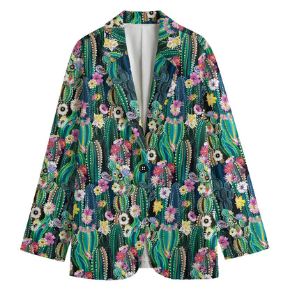 Watercolor Blooming Cactus Print Women's Cotton Blazer