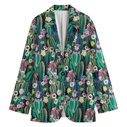 Watercolor Blooming Cactus Print Women's Cotton Blazer