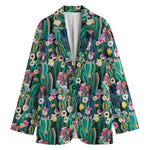 Watercolor Blooming Cactus Print Women's Cotton Blazer