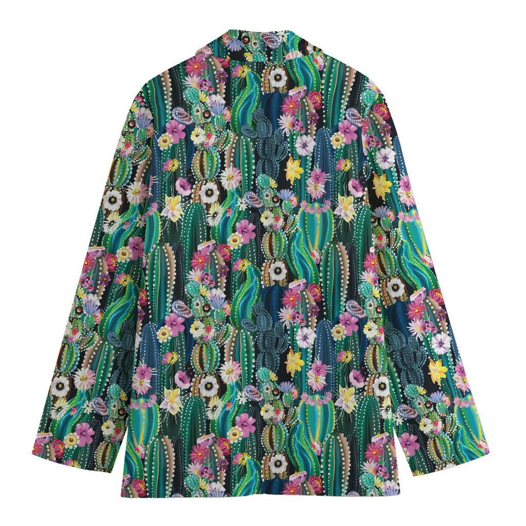 Watercolor Blooming Cactus Print Women's Cotton Blazer