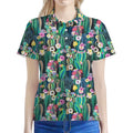 Watercolor Blooming Cactus Print Women's Polo Shirt