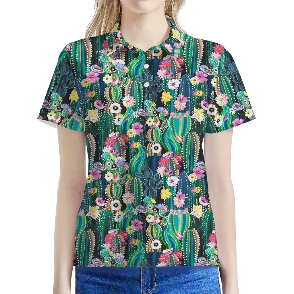 Watercolor Blooming Cactus Print Women's Polo Shirt