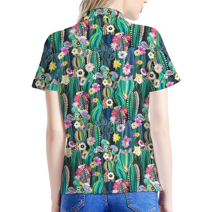 Watercolor Blooming Cactus Print Women's Polo Shirt
