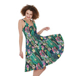 Watercolor Blooming Cactus Print Women's Sleeveless Dress