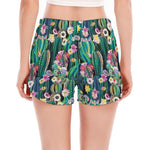 Watercolor Blooming Cactus Print Women's Split Running Shorts