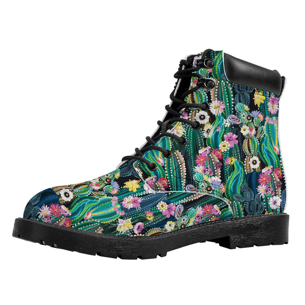 Watercolor Blooming Cactus Print Work Boots