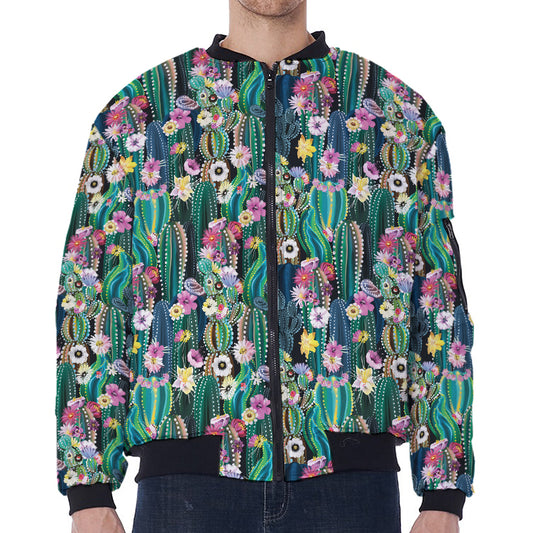 Watercolor Blooming Cactus Print Zip Sleeve Bomber Jacket