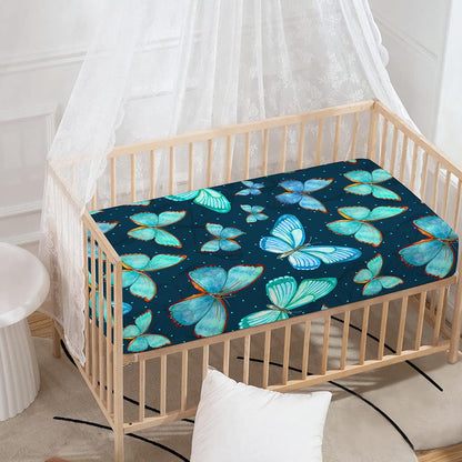 Watercolor Blue Butterfly Pattern Print Baby Crib Sheet