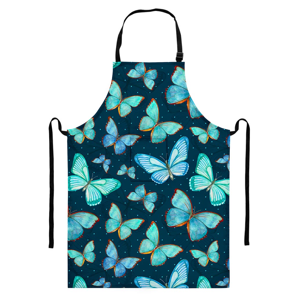 Watercolor Blue Butterfly Pattern Print Bib Apron With Pocket