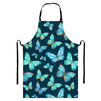 Watercolor Blue Butterfly Pattern Print Bib Apron With Pocket