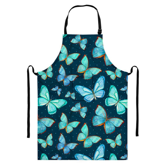 Watercolor Blue Butterfly Pattern Print Bib Apron With Pocket