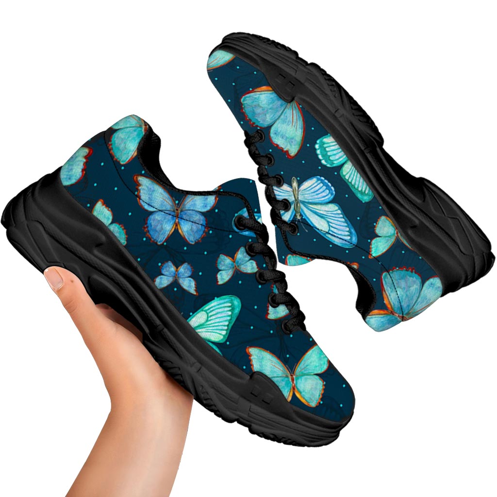 Watercolor Blue Butterfly Pattern Print Black Chunky Shoes