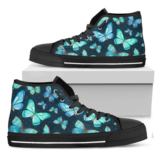 Watercolor Blue Butterfly Pattern Print Black High Top Sneakers