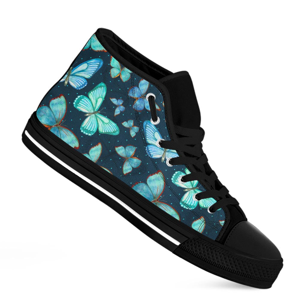 Watercolor Blue Butterfly Pattern Print Black High Top Sneakers