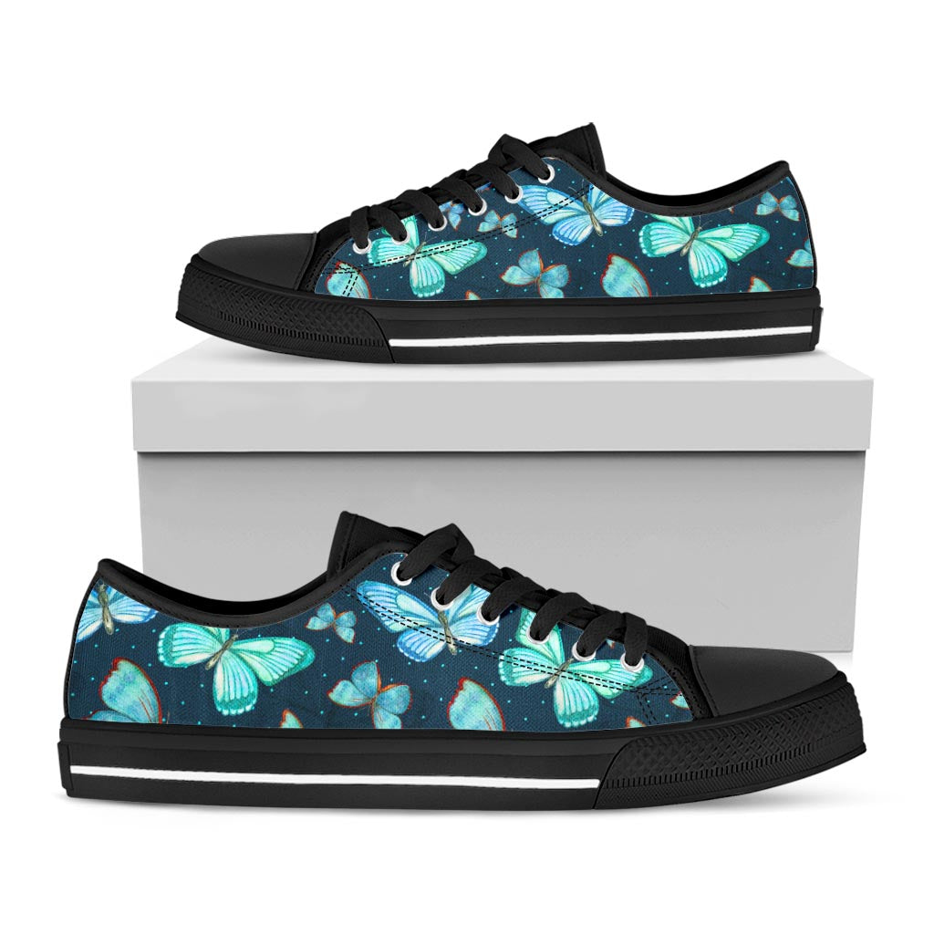 Watercolor Blue Butterfly Pattern Print Black Low Top Sneakers