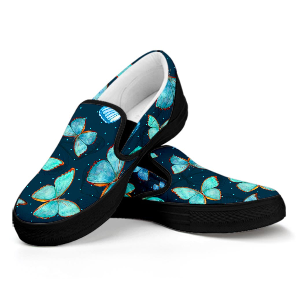 Watercolor Blue Butterfly Pattern Print Black Slip On Sneakers